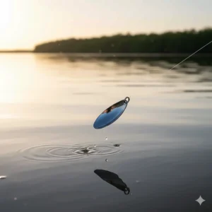 A shiny, silver casting spoon, a classic choice among many speckled trout fishing lures for long-distance casts.
