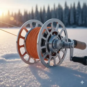 A clear shot of the large arbor spool on an ice fishing reel designed for efficient line management and reduced memory.