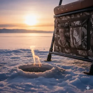Focus on the stability and wide, non-slip feet of a reliable ice fishing chair.