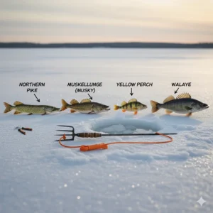 Images of common fish species targeted with an ice fishing spear, such as Northern Pike or Musky.