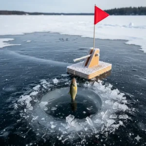 A graphic demonstrating how to rig a live minnow on a tip-up setup, an alternative to standard ice fishing lures.