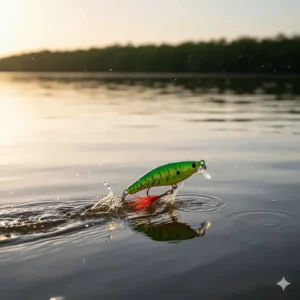 A bright, walk-the-dog style topwater lure being retrieved, often successful for large, aggressive speckled trout.