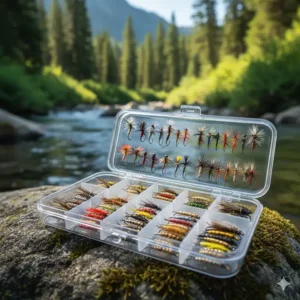 An open compartmented fly box displaying an assortment of realistic dry and wet flies, popular trout fishing lures.