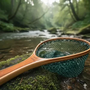 Close-up of a rubber mesh trout fishing landing net, an essential accessory for safely handling fish.