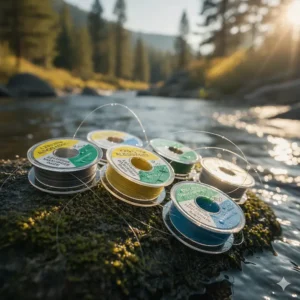 Spools of fluorocarbon fishing line and different sizes of leader material used for catching trout.