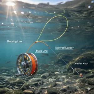 Diagram showing the fishing line setup for trout, including backing, main line, and leader connection.