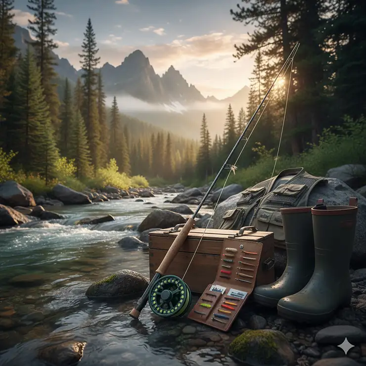 A complete setup of a lightweight trout fishing pole resting against a tackle box by a clear mountain stream, ready for use.