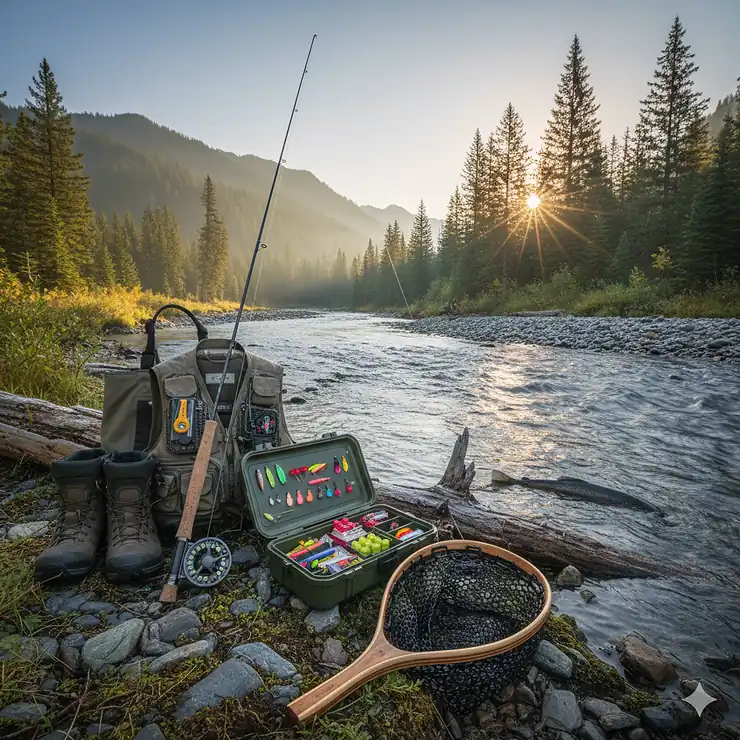 Complete trout fishing setup displayed on a riverbank, including a rod, reel, tackle box, and landing net, ready for use.
