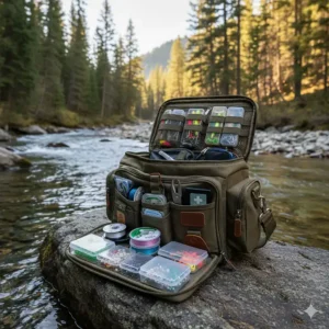 Open tackle bag showing organized compartments filled with hooks, line, and small trout fishing accessories.