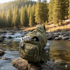 A lightweight fishing vest or sling pack with numerous pockets for carrying essential trout fishing accessories on the move.