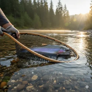 A rubber mesh landing net positioned safely in the water, illustrating proper catch-and-release technique for trout.