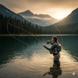 A person demonstrating the proper casting technique with a trout pole on a large open lake.