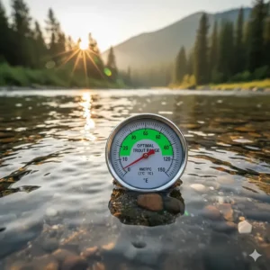 A gauge showing the optimal water temperature range for successful trout fishing, highlighting the best feeding conditions.