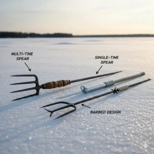 A comparison image displaying the various types of ice fishing spears, including multi-tined and single-tined designs.