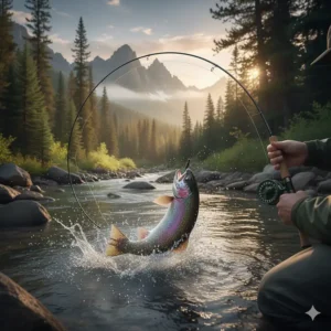 Action shot of an ultralight trout rod bending significantly, indicating a fish on the line.