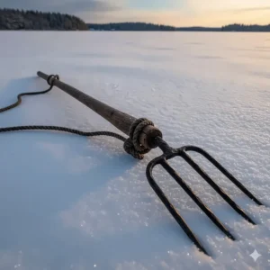 A photograph of a vintage or antique ice fishing spear showcasing historical design and craftsmanship.