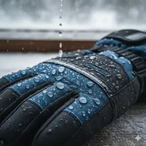 Detail shot of the durable, waterproof material on the back of high-quality ice fishing gloves.
