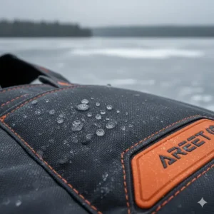 Texture shot of the waterproof, windproof, and durable exterior shell material of the premium ice fishing gear.