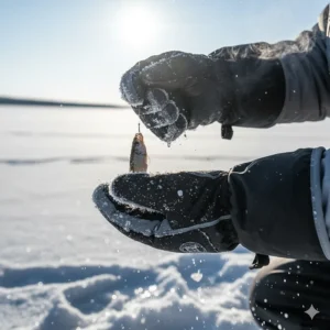 Close-up of waterproof, insulated ice fishing mittens protecting hands in freezing conditions.