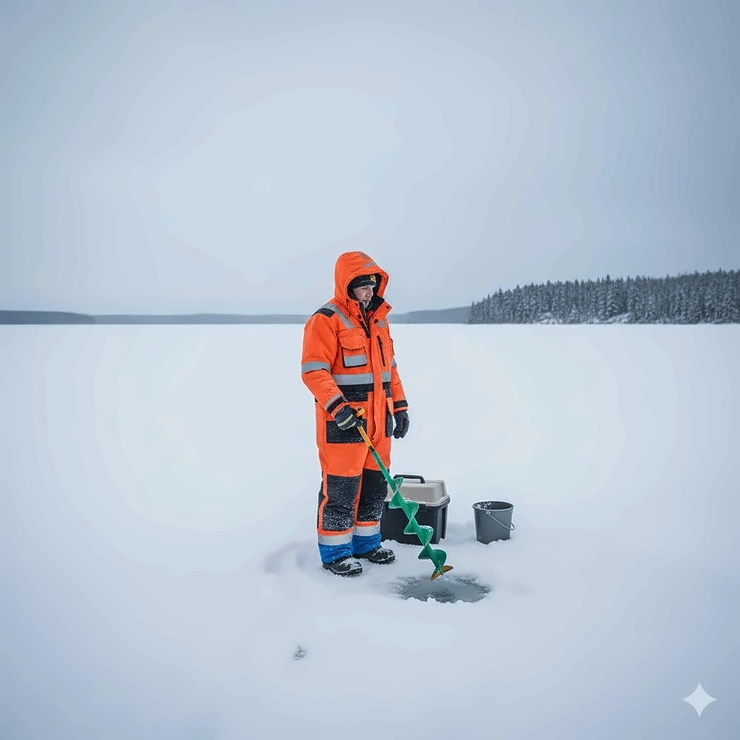 A person safely standing on the ice, wearing a complete ice fishing float suit and holding an auger.