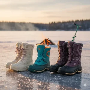 A colorful display of warm and comfortable women's ice fishing boots , suitable for a long day out on the ice.
