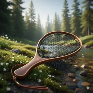 Close-up illustration of a beautiful wooden fly fishing landing net with a rubber basket, ideal for catch and release.