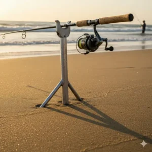 An aluminum surf fishing rod holder (sand spike) firmly secured in the sand, keeping the rod elevated and stable while waiting for a bite.
