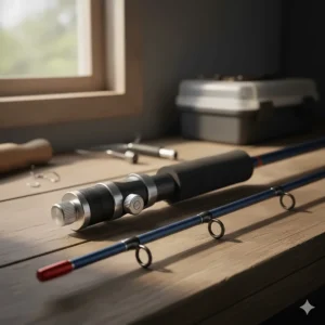 Close-up showing the sturdy reel seat and guides on a high-quality surf fishing rod.