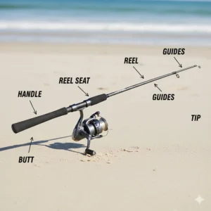Close-up diagram illustrating the anatomy of a surf casting rod, labeling the butt, handle, reel seat, guides, and tip.