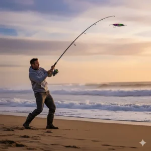 An angler standing on the beach, demonstrating the proper technique for casting a heavy surf fishing lure into the breakers.