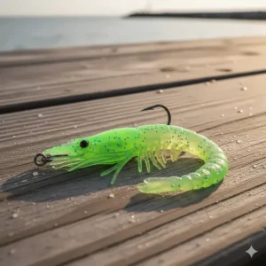 A realistic imitation artificial shrimp, one of the best saltwater fishing lures for inshore species like trout and redfish.