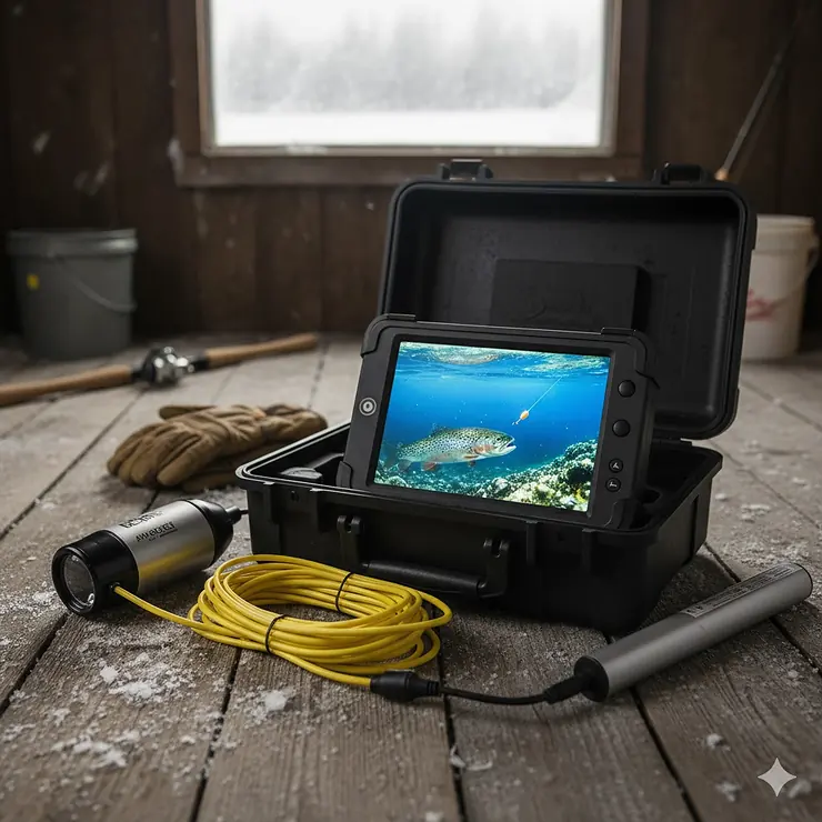 Best ice fishing camera system showing the screen, camera cable, and portable carrying case.