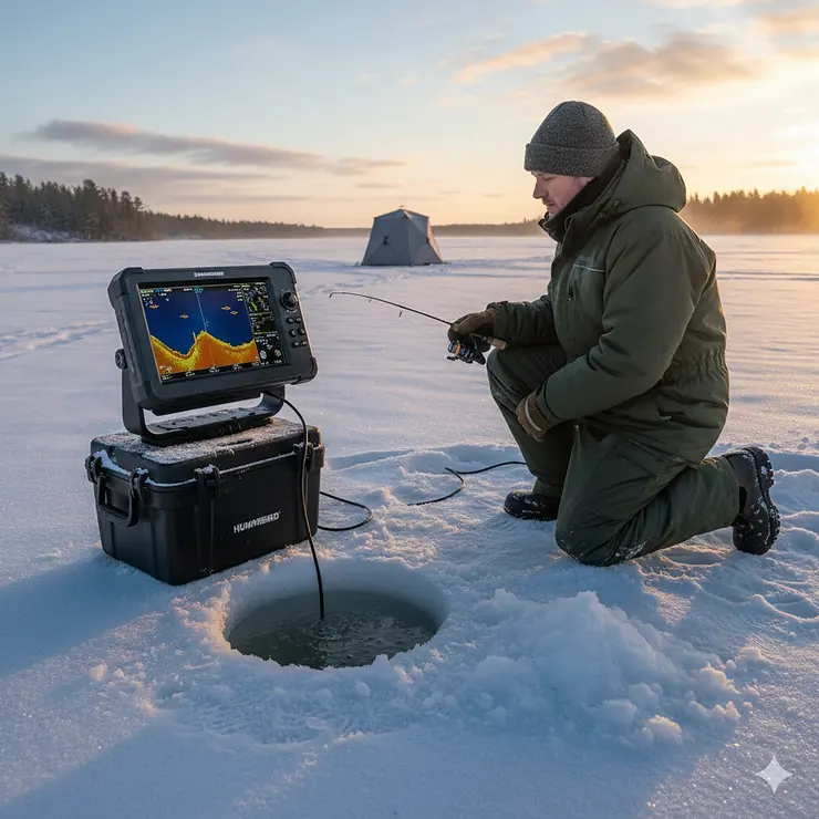Best ice fishing fish finder portable unit displaying sonar data on a frozen lake.