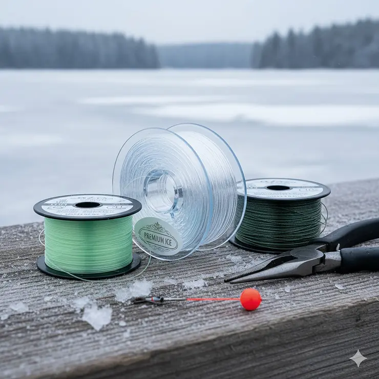Best ice fishing line options on spools, including monofilament, fluorocarbon, and braided line for winter angling.
