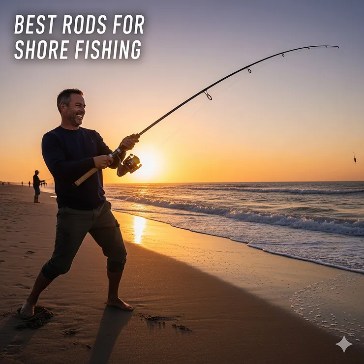 Close-up of an angler holding one of the best rods for shore fishing on a sandy beach at sunset, demonstrating casting distance and rod flexibility.