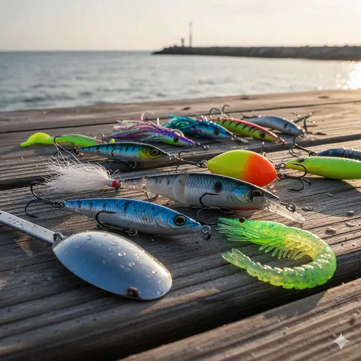 A vibrant assortment of the best saltwater fishing lures for targeting species like redfish, snook, and striped bass.