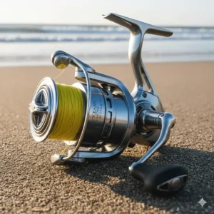 Close-up of a powerful spinning reel with sealed components, often considered the best type for casting and retrieving in the ocean surf.