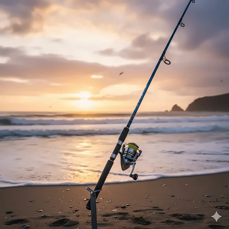 A professional image of a powerful surf casting fishing rod planted in a sand spike on a sunny beach, highlighting its long design for distance casting.