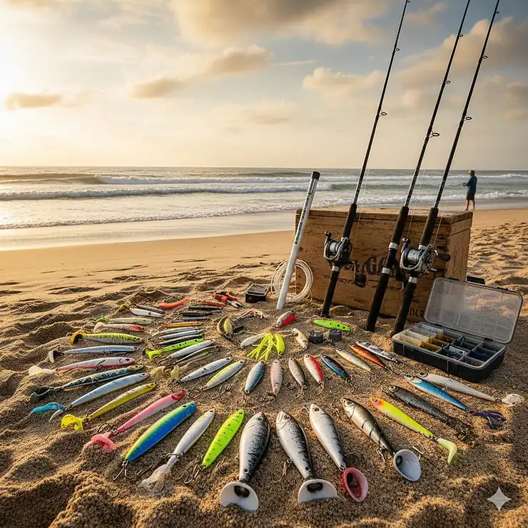 A selection of the best surf fishing lures and tackle laid out on the sand near the ocean, ready for casting.