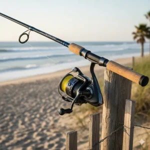 Close-up view of a corrosion-resistant reel mounted on a long, heavy-duty rod, essential surf fishing gear for casting long distances.