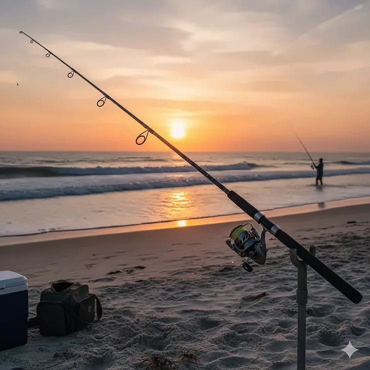 A high-performance, long surf fishing rod set up with a spinning reel on a sandy beach at sunset, showing the ideal gear for catching large fish.