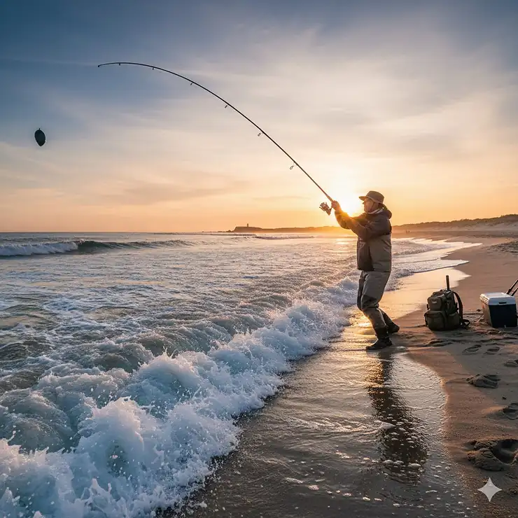 A skilled angler casting the best surf fishing rods into the ocean at sunrise.