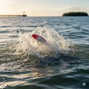 A large topwater popper lure being retrieved across the surface, attracting aggressive strikes from game fish.