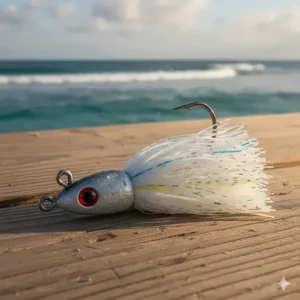 Close-up of a versatile white bucktail jig saltwater lure, featuring a weighted head and deer hair tail, excellent for catching flounder and striped bass.