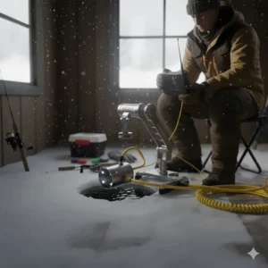 Remote-controlled camera panner accessory for rotating the ice fishing camera underwater.