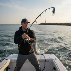 A skilled angler casting one of the best saltwater fishing lures from a boat near a coastal jetty.