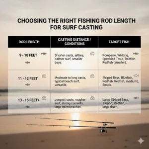 Chart showing how to choose the right fishing rod length for surf casting conditions.