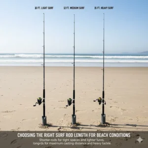 Comparison image showing three different fishing rods surf casting lengths (10ft, 12ft, 15ft) to help choose the correct rod based on beach conditions.