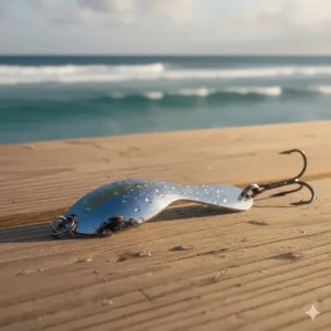 A classic silver or gold metal spoon saltwater fishing lure designed with a wobble and flash to imitate a wounded baitfish, effective for casting and trolling.