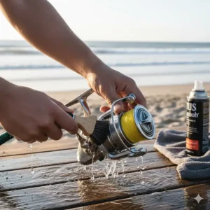 An image of an angler rinsing and cleaning a surf fishing reel with fresh water to prevent salt buildup and maintain performance.